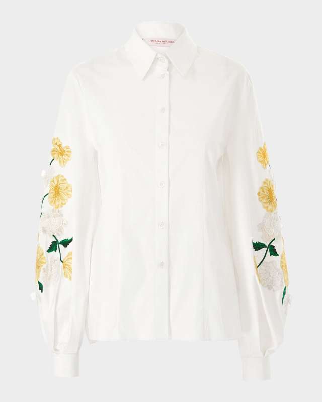 Flower Embroidered Puff-Sleeve Button-Down Shirt